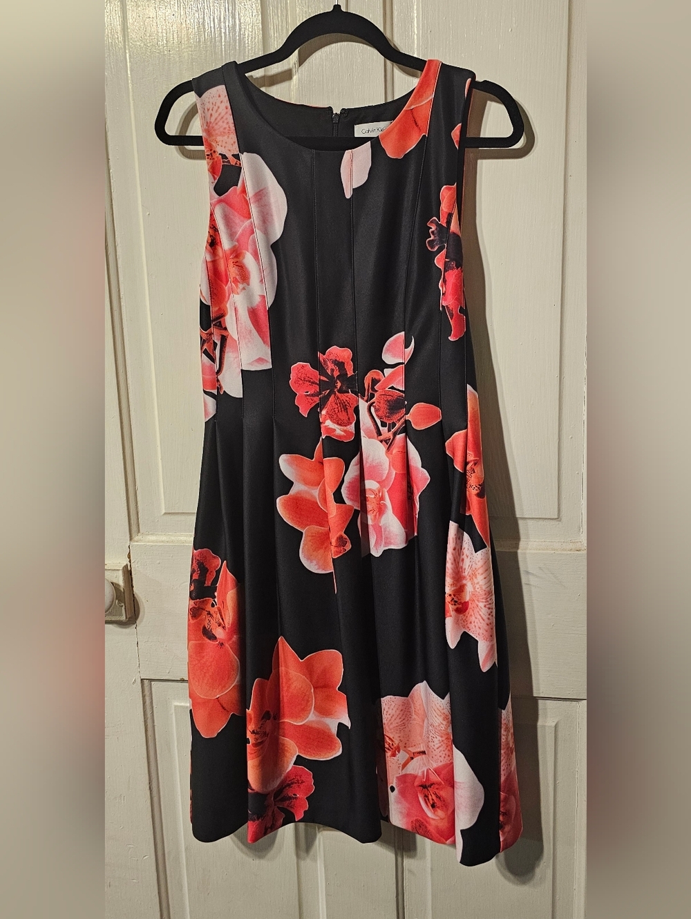 Calvin Klein Black Midi Dress with Coral and Pink Floral Print